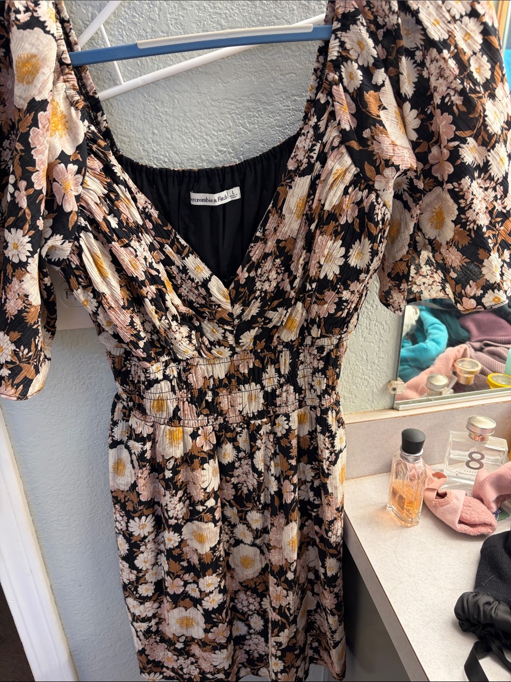 Abercrombie & Fitch Black Mini Dress with Cream & Tan Daisy Print
